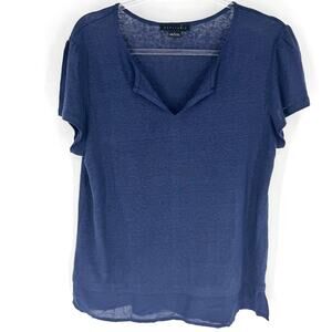 Sanctuary Short Sleeve Linen Blouse with Rayon Hem Navy Size L